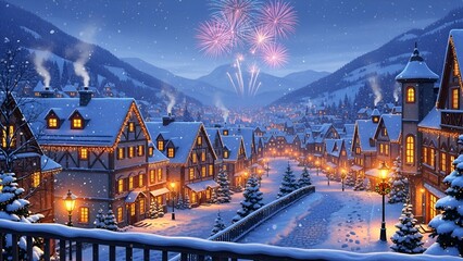 Snow-covered village nestled in a valley with fireworks overhead, festive lighting, snowy trees
