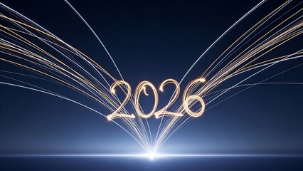 Glowing "2026" text with light trails against a dark blue gradient with a bright light at the bottom