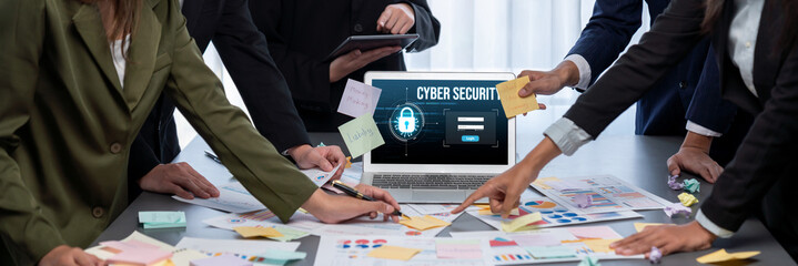 Analyst team use sticky note for creative and analytic brainstorm for business idea with BI data dashboard on laptop screen. Analysis financial data visualization tech for marketing strategy. Prodigy