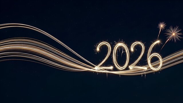 Animated "2026" written with light trails, festive fireworks on dark blue starry background