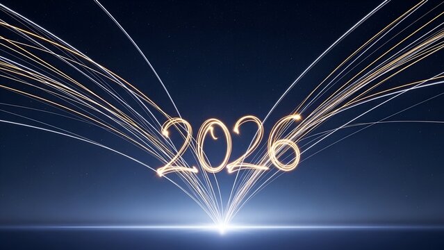 Glowing "2026" text with light trails against a dark blue gradient with a bright light at the bottom