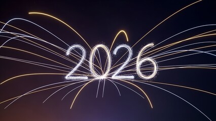 Neon numbers forming the year 2026 with streaks of light on a gradient background