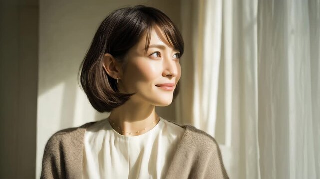 女性が窓辺で落ち着いた表情のポートレート