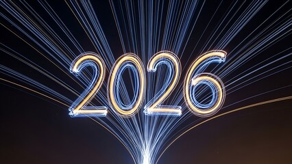 Glowing "2026" with light trails on black background, symbolizing future