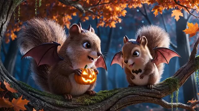 Two adorable squirrels dressed as bats with tiny wings, holding a glowing jack-o'-lantern on a mossy tree branch during autumn.