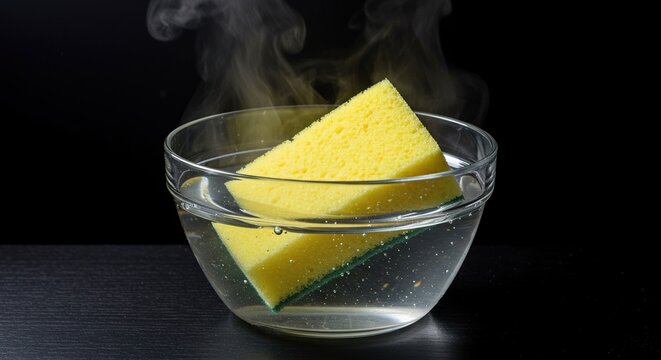 A yellow cleaning sponge is immersed in a clear bowl of hot water, creating steam to effectively sanitize and refresh the kitchen tool ,fresh ,dishwashing ,maintenance