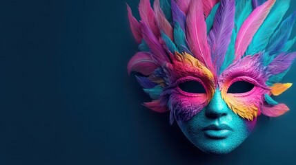 Fototapeta premium Colorful Venetian mask with feathers on a dark background for Mardi Gras