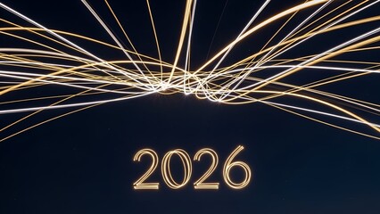 Abstract digital art with glowing lines weaving above the gold numerals "2026.