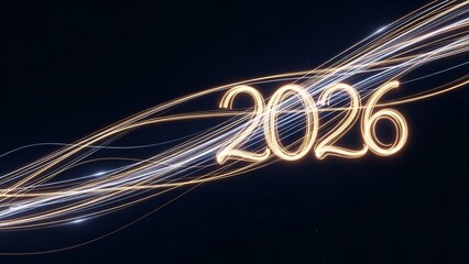 Animated glowing number "2026" with light streaks on a dark starry background