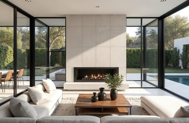 Contemporary living room with expansive glass windows overlooking rich garden, swimming pool. Large stone fireplace dominates space, paired with neutral sofa, dark wood coffee table. Scene embodies