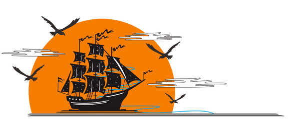 Sailboat silhouette and full moon view. Vector sailboat silhouette with beach view and sea scribbles.