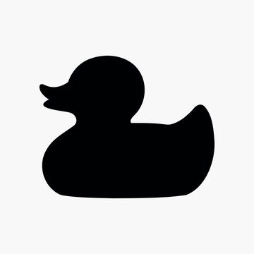 Black rubber duck silhouette icon vector flat illustration on white background. Bath toy duck icon. Concept of minimalism, bath toy, simple design.