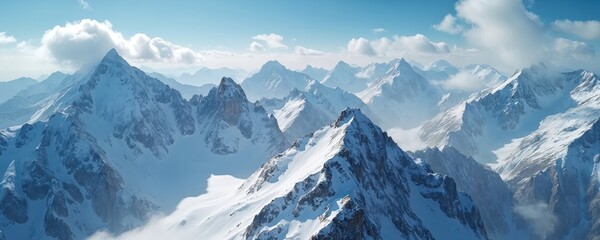 Aerial view of snow covered mountains. Rocky peaks with snow. Blue sky with clouds. Mountain range landscape. High elevation terrain. Snowy peaks in distance. Majestic rugged landscape.