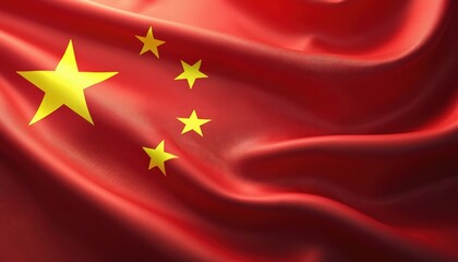 Waving flag of the People Republic of China. Its red fabric and yellow stars flutter in the wind. National banner is a symbol of government pride, patriotism and culture.