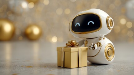 A small, white robot with a smiling face holds a golden gift box. The background features blurred golden decorations, creating a festive atmosphere. copy space