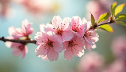 Fototapeta premium Pink cherry blossoms bloom on a tree branch in soft spring light. Delicate petals open with new green leaves unfurling. Floral detail shows stamen and pistil. Blur background effect.