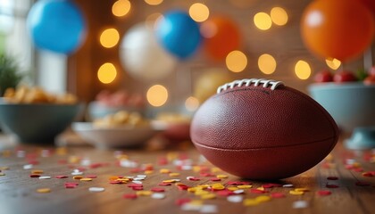 American football on wooden surface with confetti. Festive balloons and string lights decorate background. Bowls with snack food prepared for Super Bowl celebration party at home.