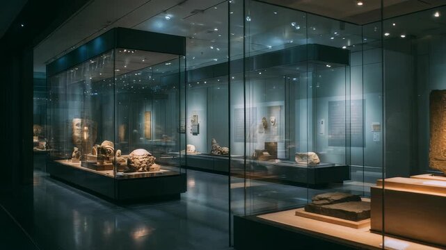 A contemporary museum gallery showcases ancient sculptures and relics in illuminated glass enclosures, inviting curiosity and reflection. The clean design highlights the significance of each artifact