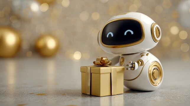 A small, white robot with a smiling face holds a golden gift box. The background features blurred golden decorations, creating a festive atmosphere. copy space