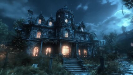 Eerie nighttime vista of an imposing, ornate gothic mansion illuminated by the moon and warm interior lights - Powered by Adobe