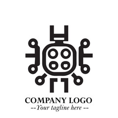 Circuit Robot Logo Symbol in Black on the White Background with Futuristic Tech Design
