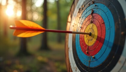Arrow hit center of archery target, rings colored in forest. Success sport concept for business achieving goals, challenges, and hitting the mark. Precision target practice in nature.