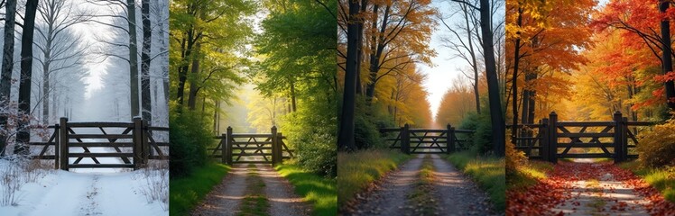 Composite photo shows the same place through. Wooden gate along road leading into forest. Winter snow spring green summer and autumn foliage offer visual contrast.