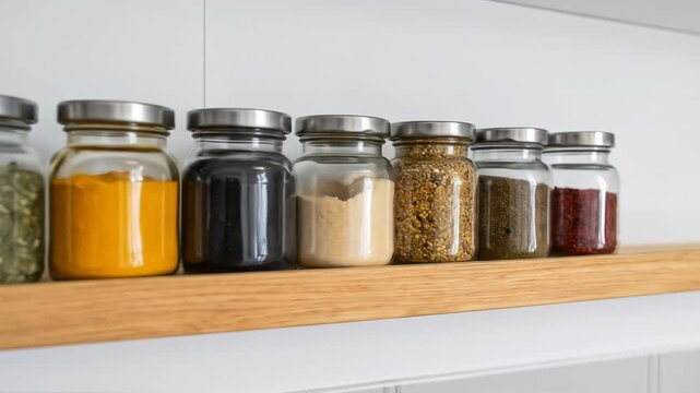 Assorted Spices In Clear Glass Jars With Metal Lids Lined Up On A Wooden Shelf In A Kitchen