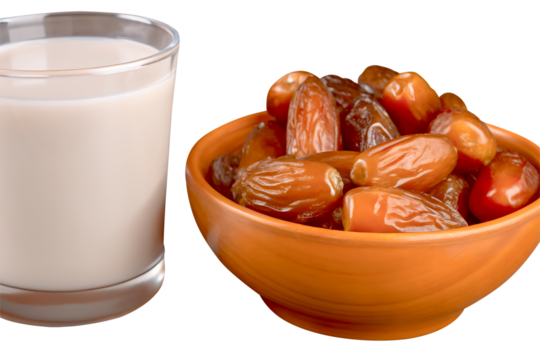 Side view set of ripe dried date palm fruits in bowl in stack and white milk in glass isolated and generated with AI in png file format Concept of iftar food in Ramadan month for Muslims