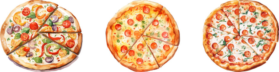 Three Artisan Pizzas with Colorful Toppings on transparent PNG Background