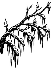 Frozen branch with snow and icicles hanging down, showcasing a winter scene adorned with ice crystals and frosty flakes.