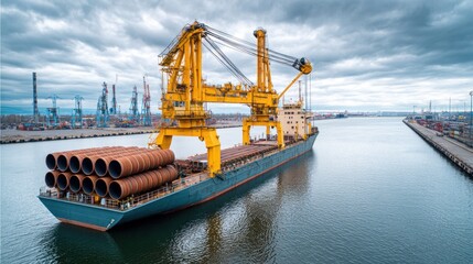 Cargo ship transporting large pipes at a busy industrial port under a cloudy sky