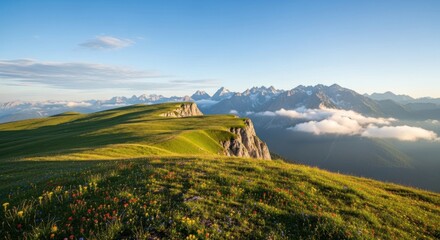 Breathtaking Alpine Landscape at Golden Hour: Vibrant Meadow with Wildflowers, Dramatic Cliffs, and Majestic Snow-Capped Mountains Emerging from Clouds under a Clear Sky.