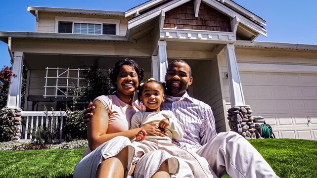 Happy family of three posing outside their house on a sunny summer day