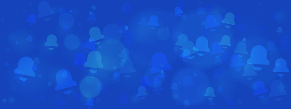 Digital blue background pattern featuring numerous bell icons, symbolizing notifications, alerts, and reminders for technology and communication.