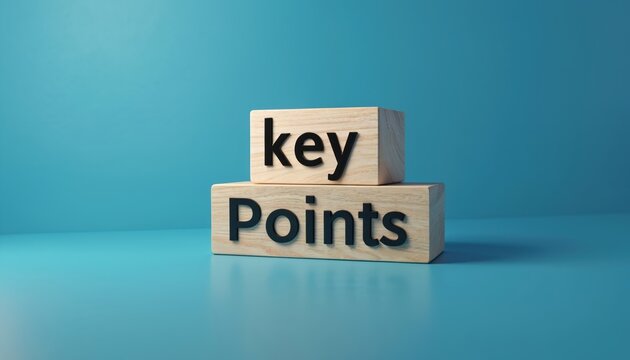 Key points words on wooden blocks. Business concept for presentation, summary, main idea. Important message, subject, takeaways. Minimal background with copy space for text. Clean 3d rendering for