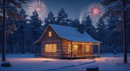 Cozy Log Cabin in Snowy Winter Forest at Night with Festive Christmas Lights and Dazzling Fireworks, a Perfect Scene for Holidays and New Year' Celebrations