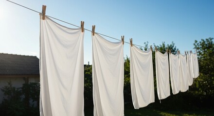 Bright sunshine warms fresh white linens and colorful fabrics hanging from a long, taut outdoor clothesline, gently swaying in the soft breeze ,hanging ,spring ,fabric