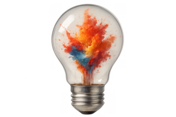 Light bulb exploding with vibrant colorful powder symbolizing creative energy and new ideas bursting on transparent background