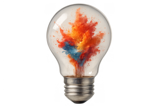 Light bulb exploding with vibrant colorful powder symbolizing creative energy and new ideas bursting on transparent background - Powered by Adobe