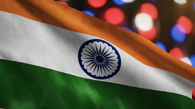 Waving Indian Flag Against a Festive Bokeh Lights Background.