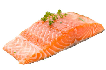 Raw orange salmon fillet with Chinese pasley or spices isolated on white background and generated with AI