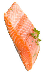 Raw orange salmon fillet with Chinese pasley or spices isolated on white background and generated with AI