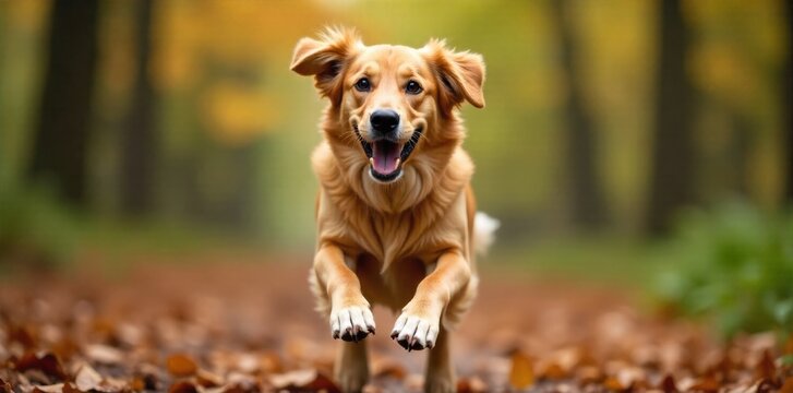 Golden Retriever Joyful Play with Natural Elements A golden retriever mid leap, catching falling autumn leaves in a sun dappled forest. Focus on the dog s happy expression and the movement of the