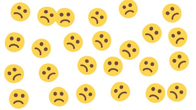 Many sad face yellow emojis on white background suitable for conveying sadness, disappointment, negative emotions in design projects, social media.