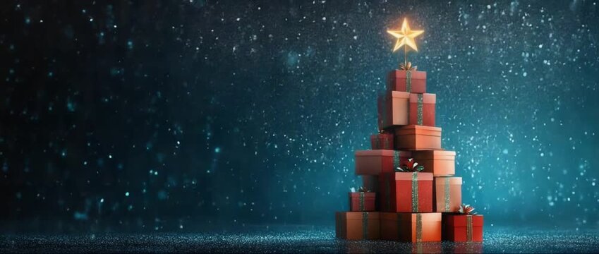 Gifts stacked forming a christmas tree under sparkling bokeh lights