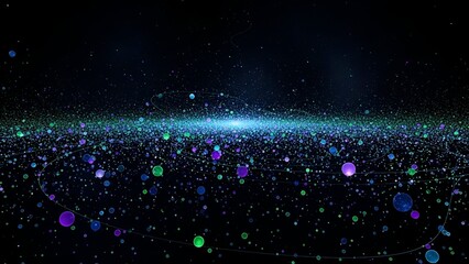 Digital art featuring blue and green particles and orbs, creating a cosmic and vibrant effect