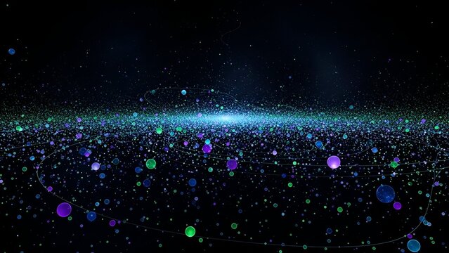 Digital art featuring blue and green particles and orbs, creating a cosmic and vibrant effect