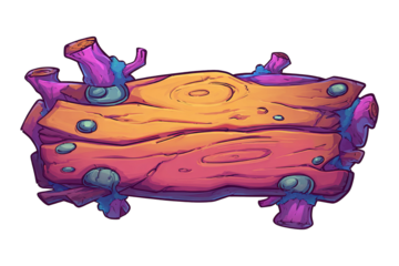 Cartoon Wooden Signboard with Colorful Fantasy Design and Rustic Texture.