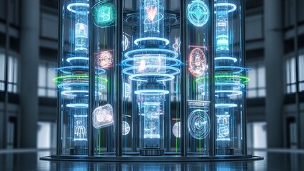 Futuristic cylindrical display case with holograms and vibrant neon lights